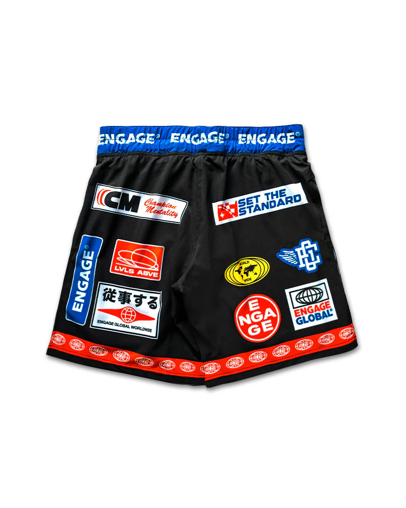 Engage Racer Black 2-in-1 Gladiator Shorts back view, performance fightwear for no-gi BJJ and MMA