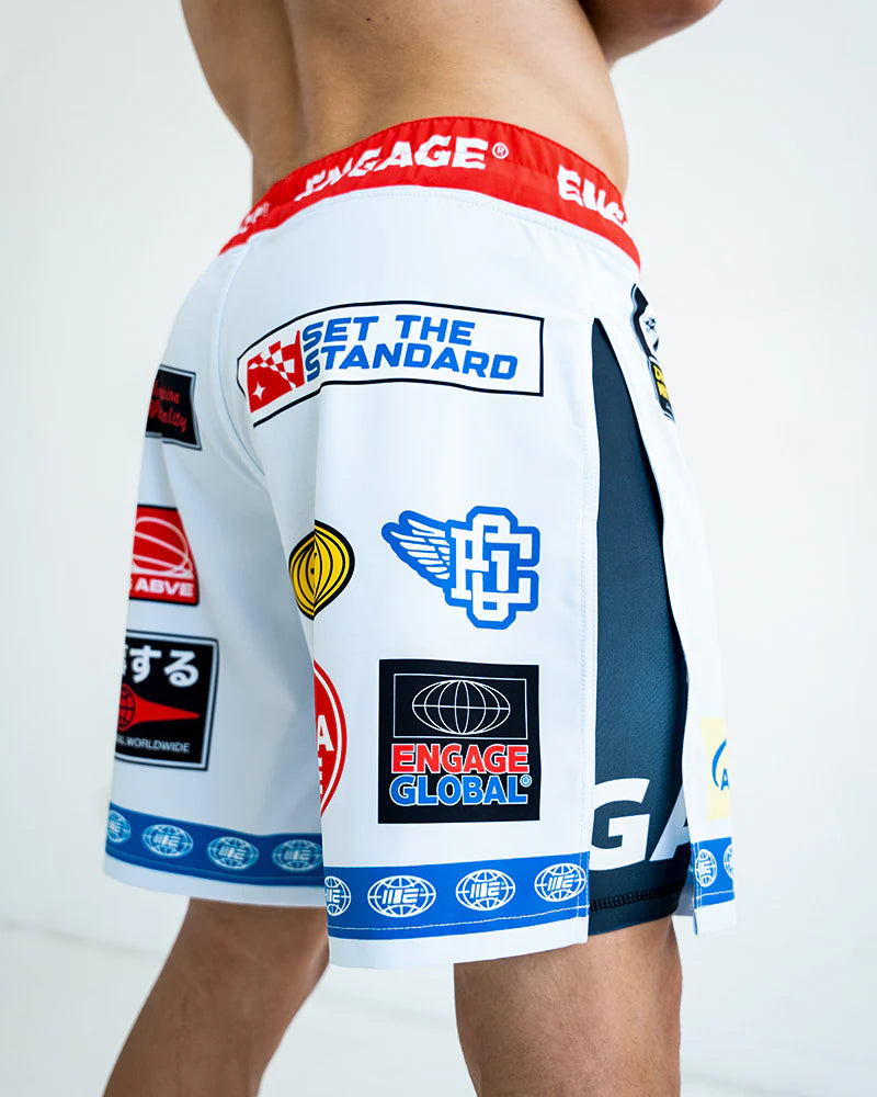 Engage Racer Black 2-in-1 Gladiator back detail view Shorts worn by athlete for BJJ and MMA