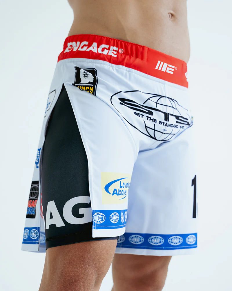 Engage Racer Black 2-in-1 Gladiator Shorts worn by athlete for BJJ and MMA