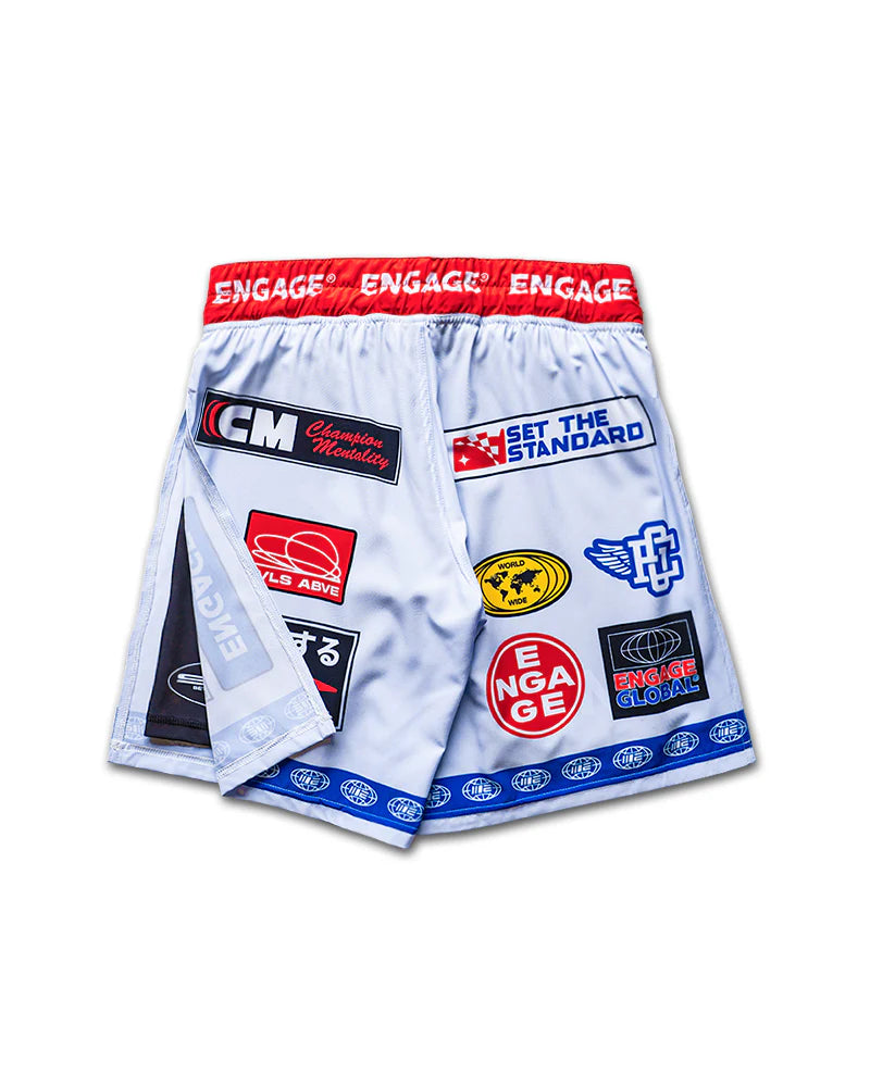 Engage Racer White 2-in-1 Gladiator Shorts back view, performance fightwear for no-gi BJJ and MMA