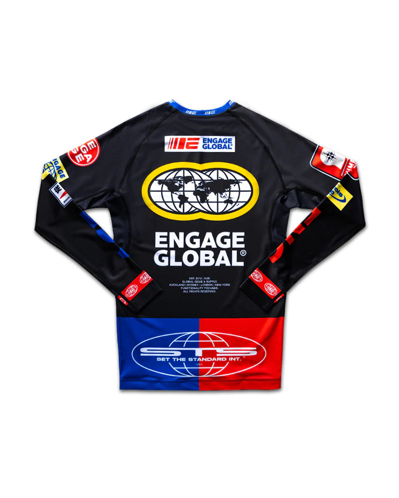 Engage Racer Black Short Sleeve Rash Guard, back design, performance fightwear for BJJ and grappling
