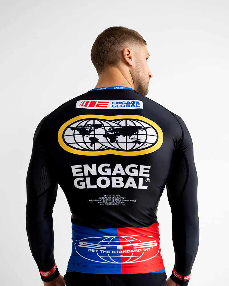 Engage Racer Black Long Sleeve Rash Guard, back view worn for MMA and Brazilian Jiu Jitsu training