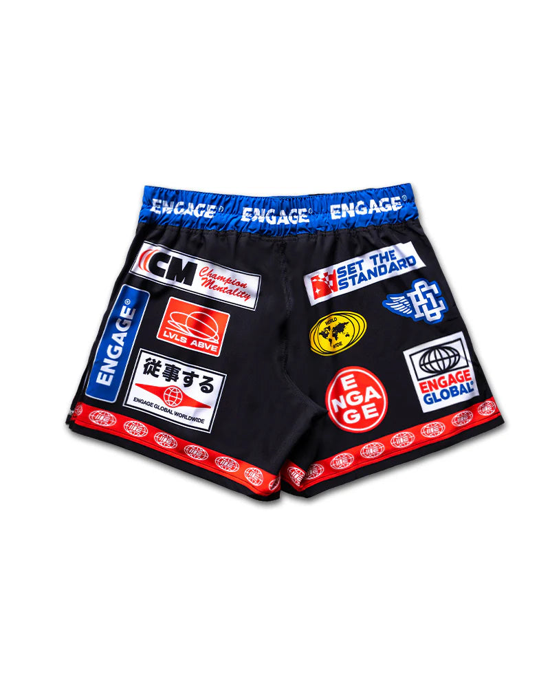 Engage Racer Black MMA Hybrid Shorts back view, durable and flexible fightwear for BJJ and MMA