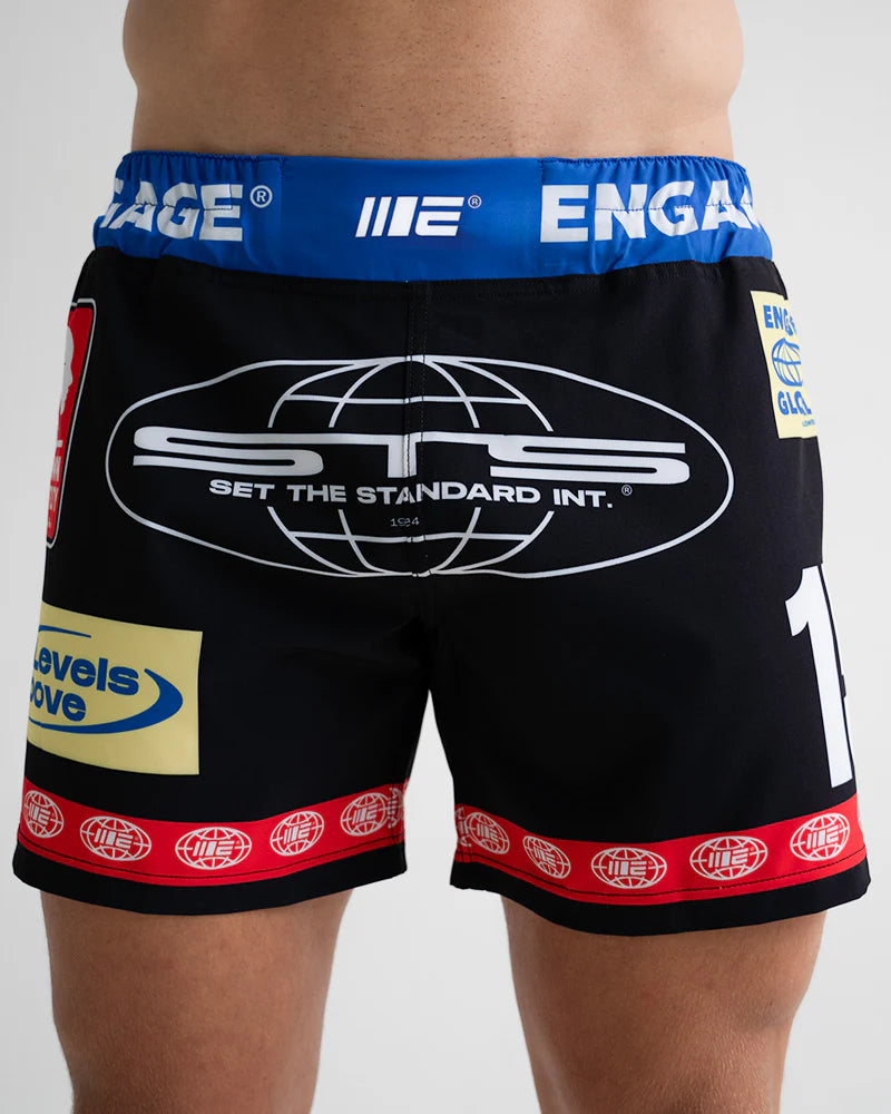 Engage Racer Black MMA Hybrid Shorts front view worn by athlete for BJJ and MMA