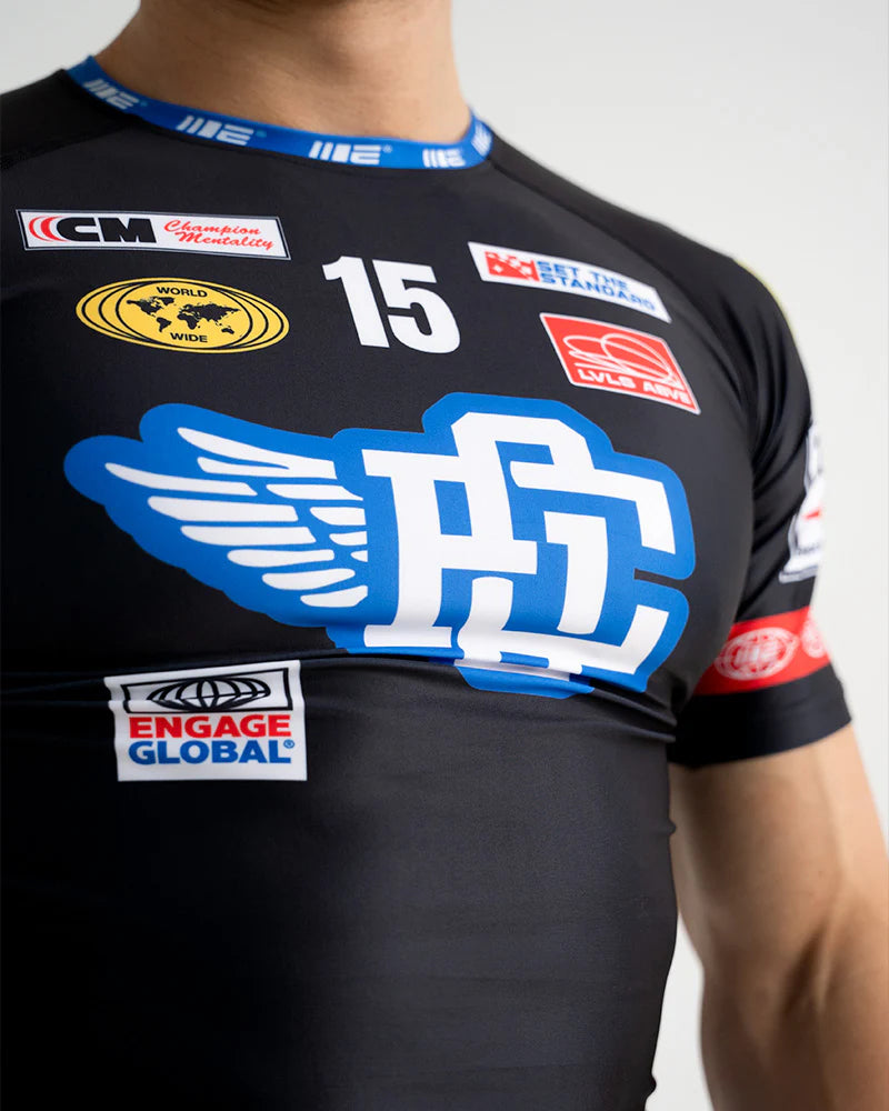 Engage Racer Black Rash Guard chest detail with Engage logo, fightwear for Brazilian Jiu Jitsu and MMA