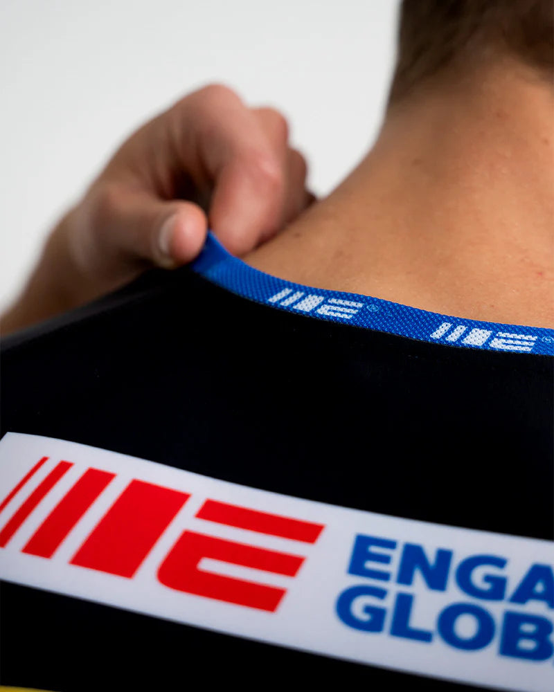 Engage Racer Black Rash Guard close-up back neck detail, premium stitching for MMA and no-gi grappling