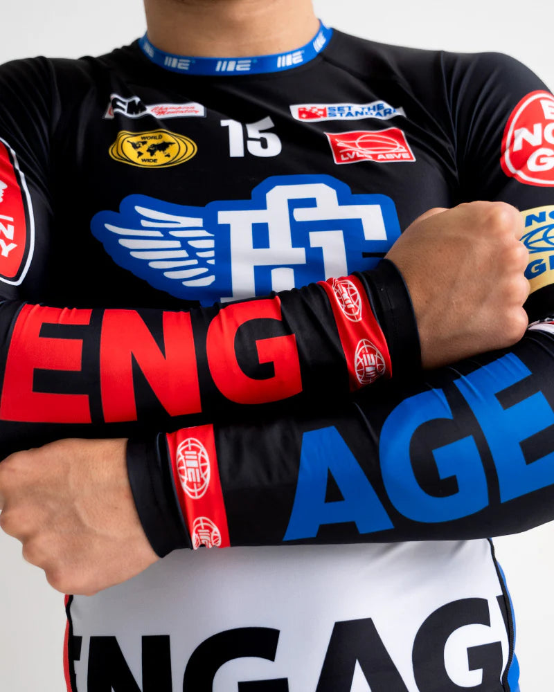 Engage Racer Black Rash Guard sleeve detail with Engage logo, fightwear for Brazilian Jiu Jitsu and MMA
