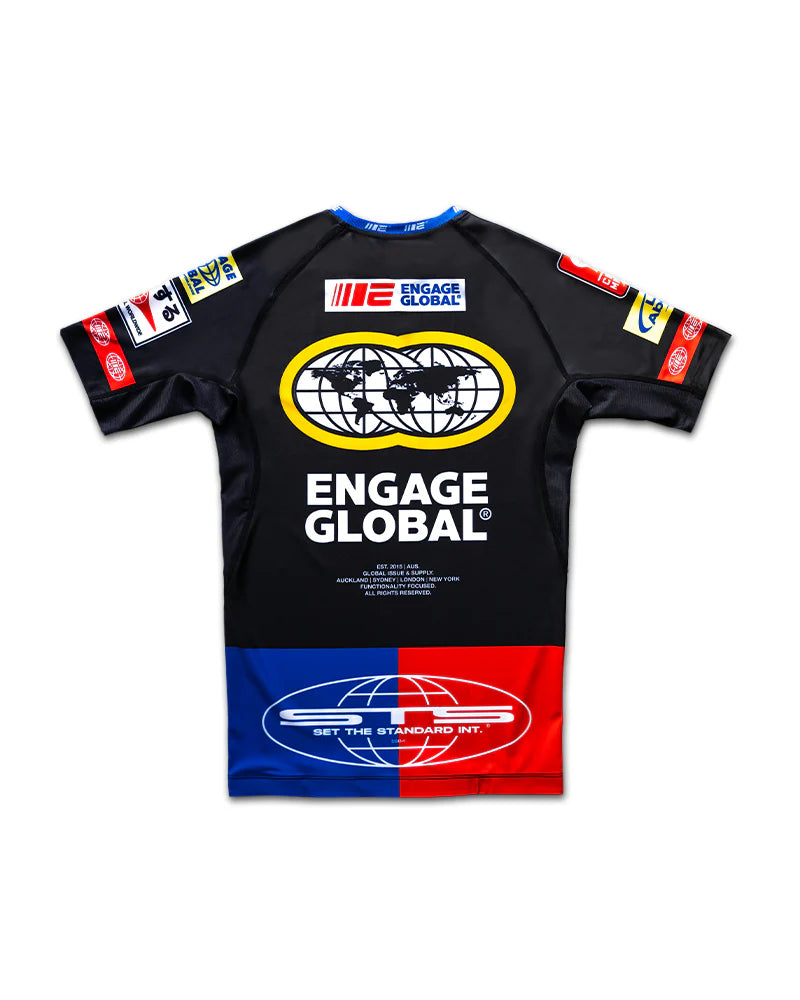 Engage Racer Black Short Sleeve Rash Guard, back design, performance fightwear for BJJ and grappling
