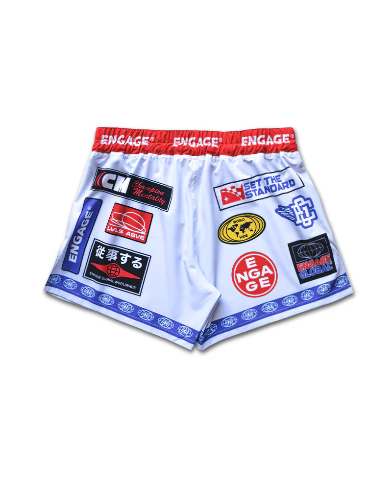 Engage Racer White MMA Hybrid Shorts back view, durable and flexible fightwear for BJJ and MMA