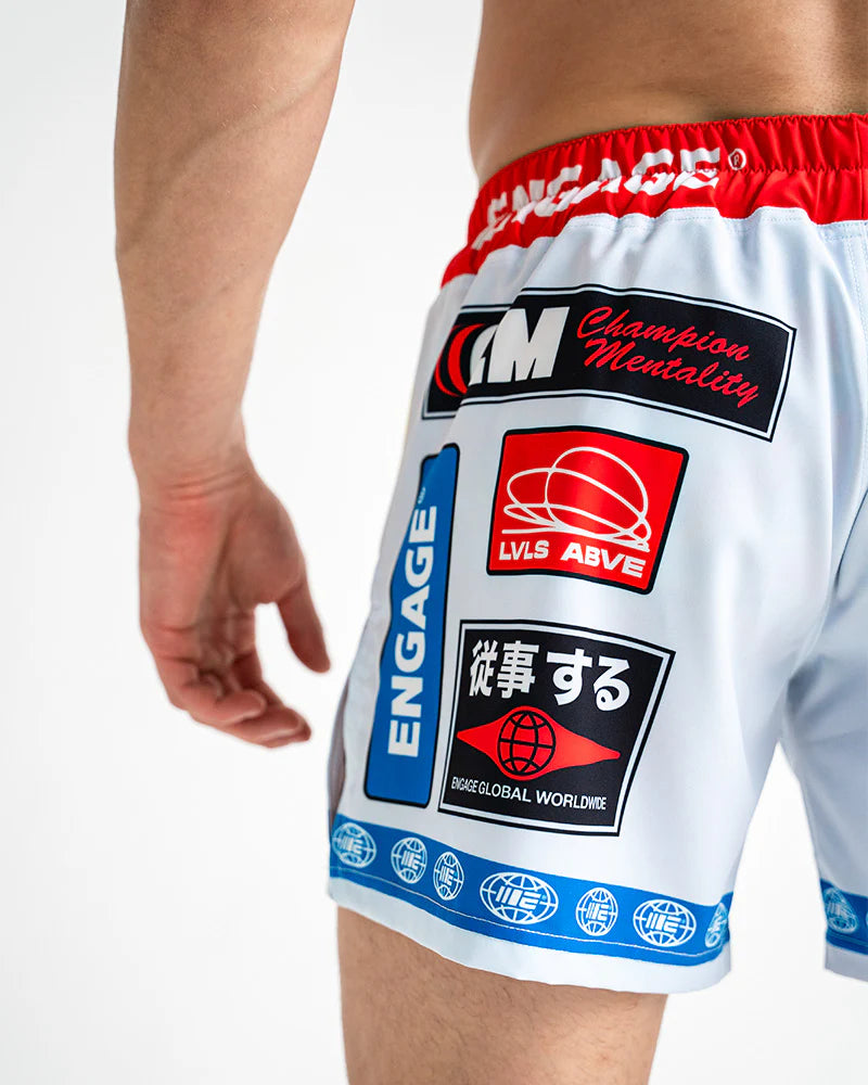 Engage Racer White MMA Hybrid Shorts left detail back view worn for no-gi BJJ and MMA training