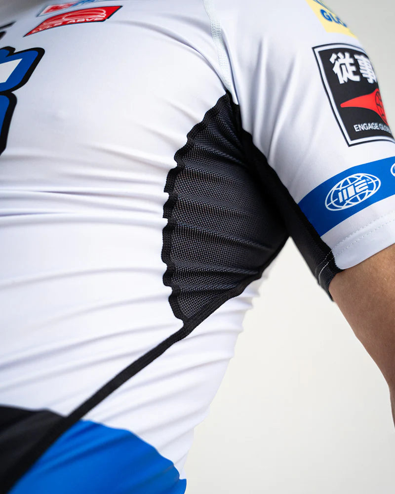 Engage Racer White Rash Guard close-up armpit detail, premium stitching for MMA and no-gi grappling