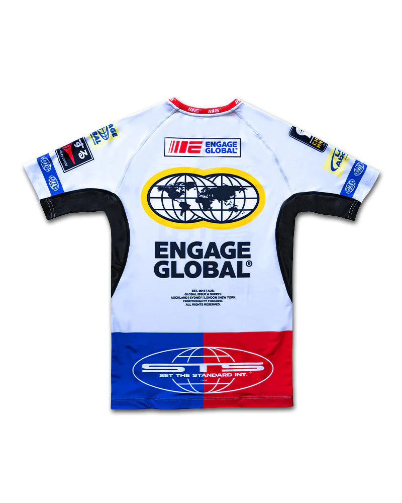 Engage Racer White Short Sleeve Rash Guard, back design, performance fightwear for BJJ and grappling