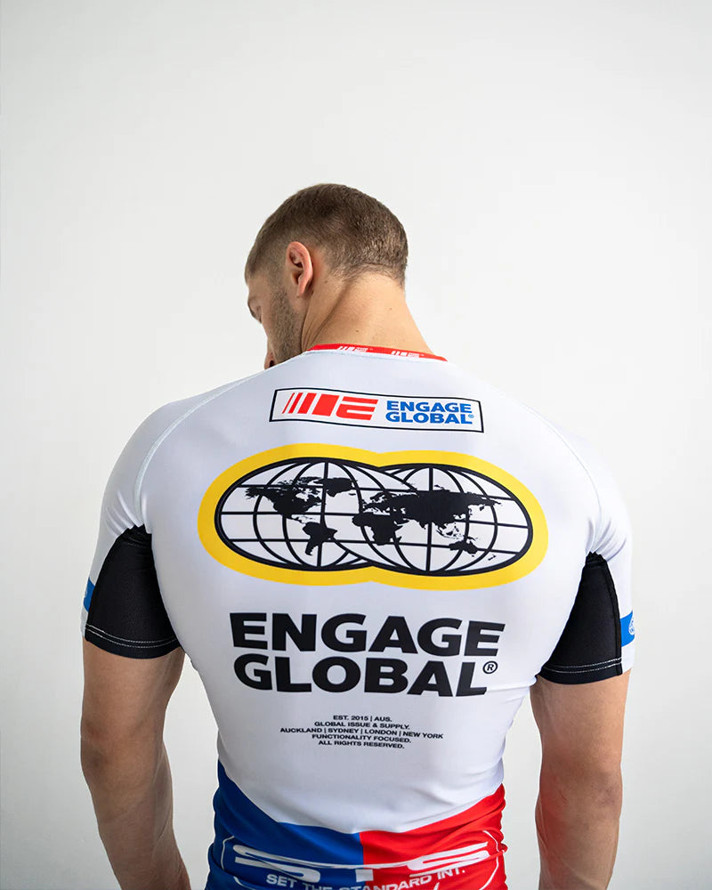 ngage Racer White Short Sleeve Rash Guard, back view worn for MMA and Brazilian Jiu Jitsu training