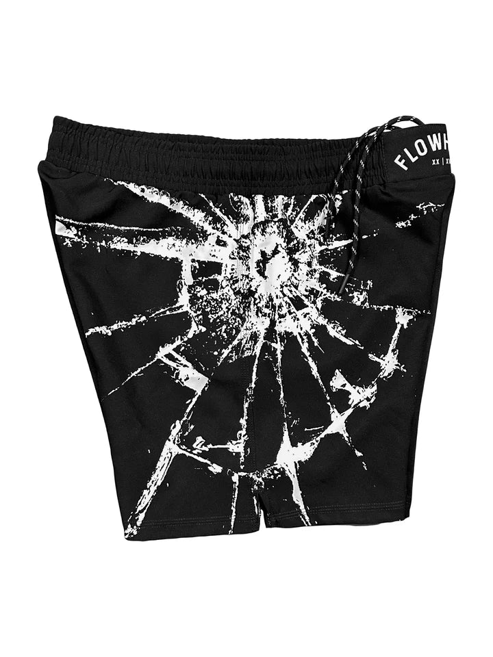 Helio FAFO Fight Shorts front view – black shorts with cracked glass texture by Flowhold