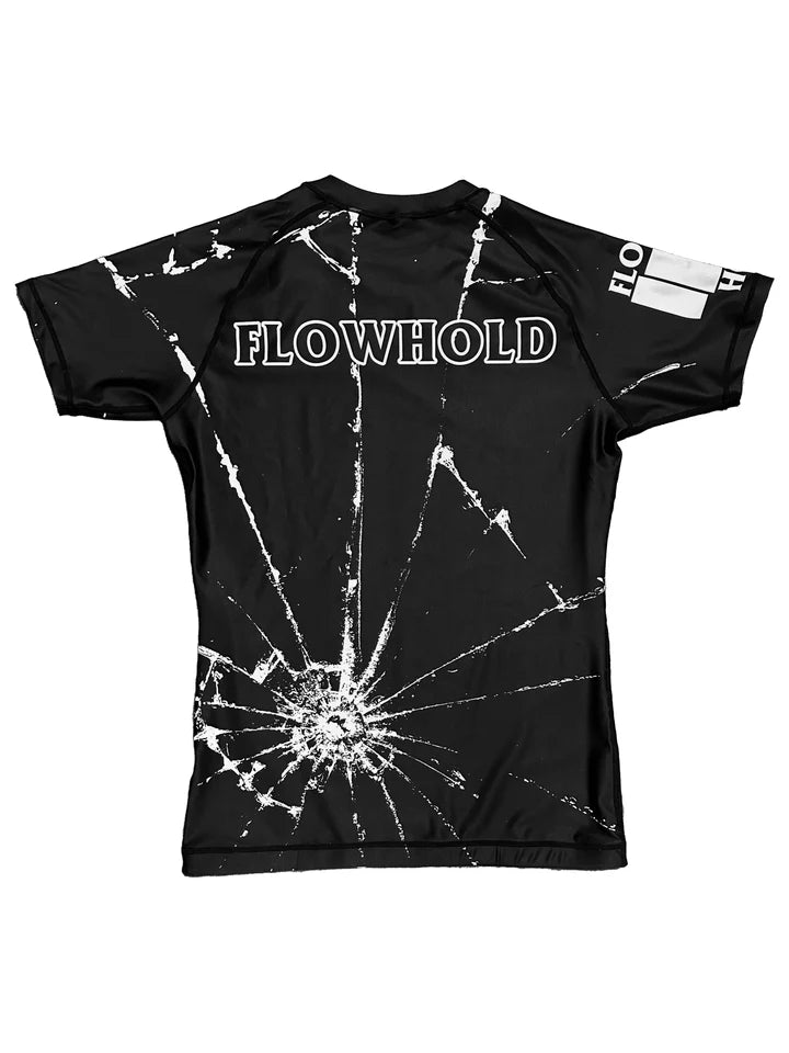 Helio FAFO Rashguard back view – Flowhold punk BJJ style design with white stencil art.