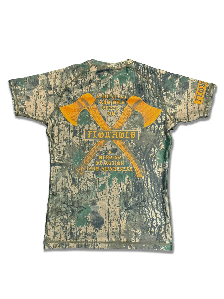 Mossy Choke BJJ and MMA Rashguard back view – hunter-style design with crossed axes logo and Flowhold branding