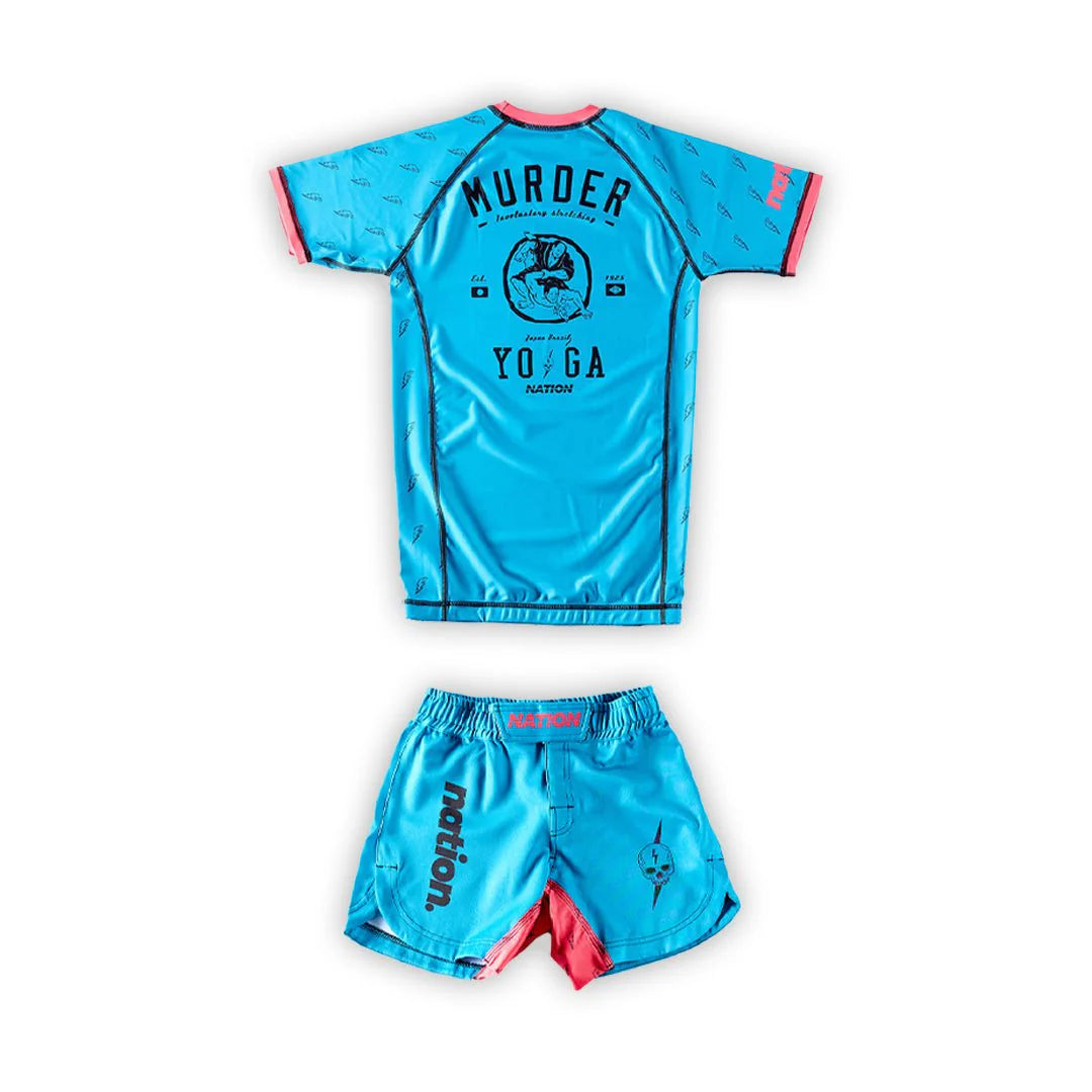 Back view of Nation Athletic’s Murder Yoga Blue BJJ set rash guard and Shorts – durable No-Gi grappling shorts for Jiu Jitsu and MMA