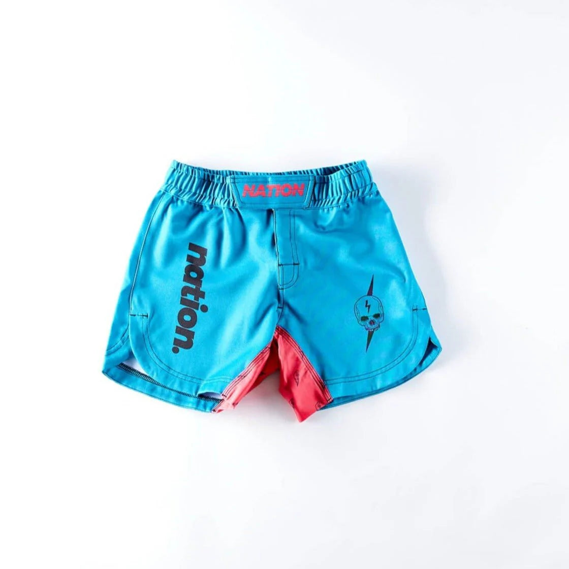 ront view of Nation Athletic’s Murder Yoga Blue BJJ Shorts – durable No-Gi grappling shorts for Jiu Jitsu and MMA