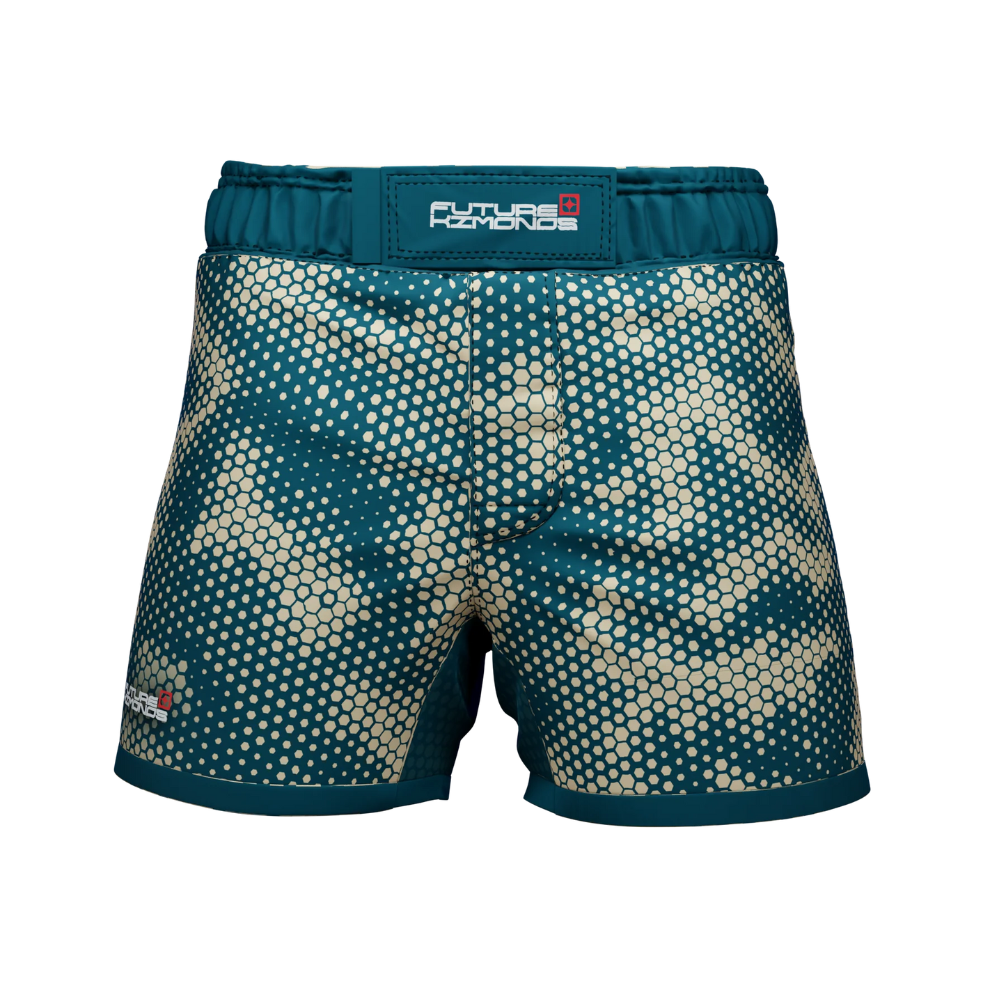 Front view of One Path Camo Fight Shorts by Future Kimonos designed for no-gi BJJ and grappling training