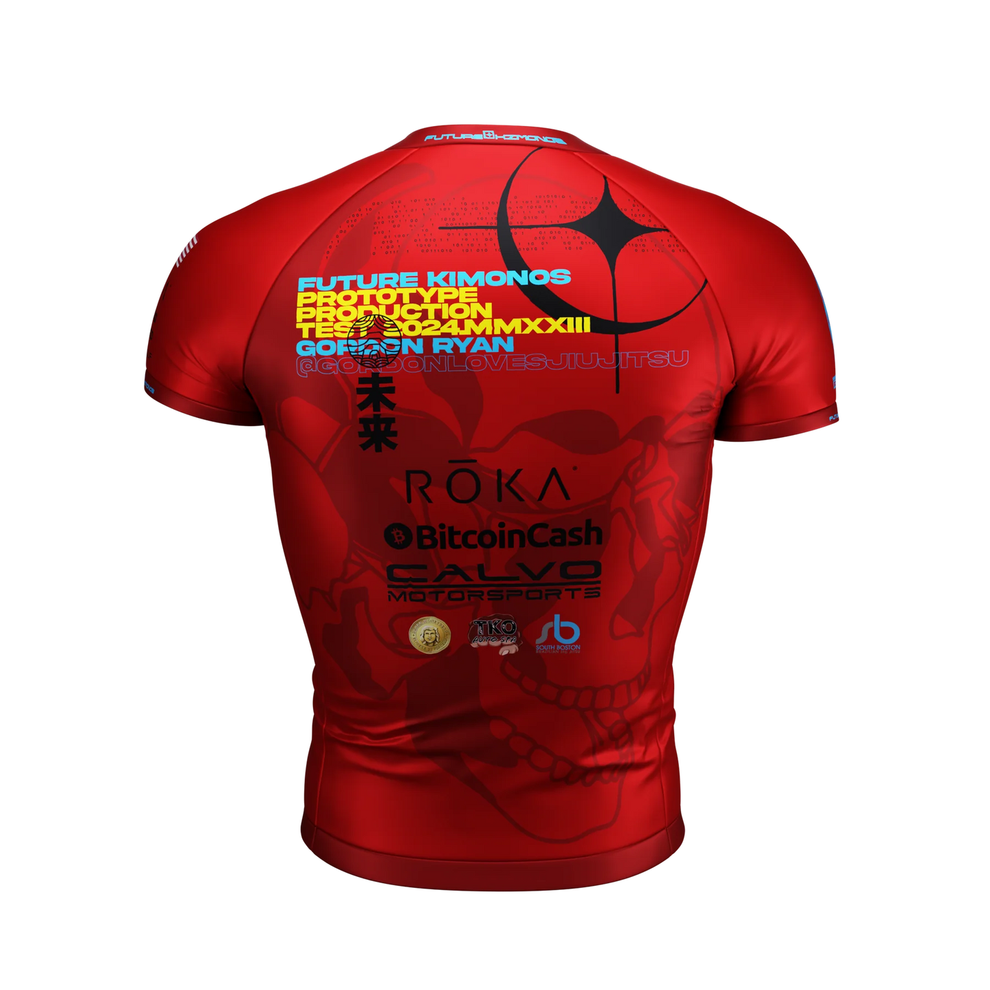 Back view of Prototype SUPER-RED Short Sleeve Rash Guard by Future Kimonos designed for submission grappling