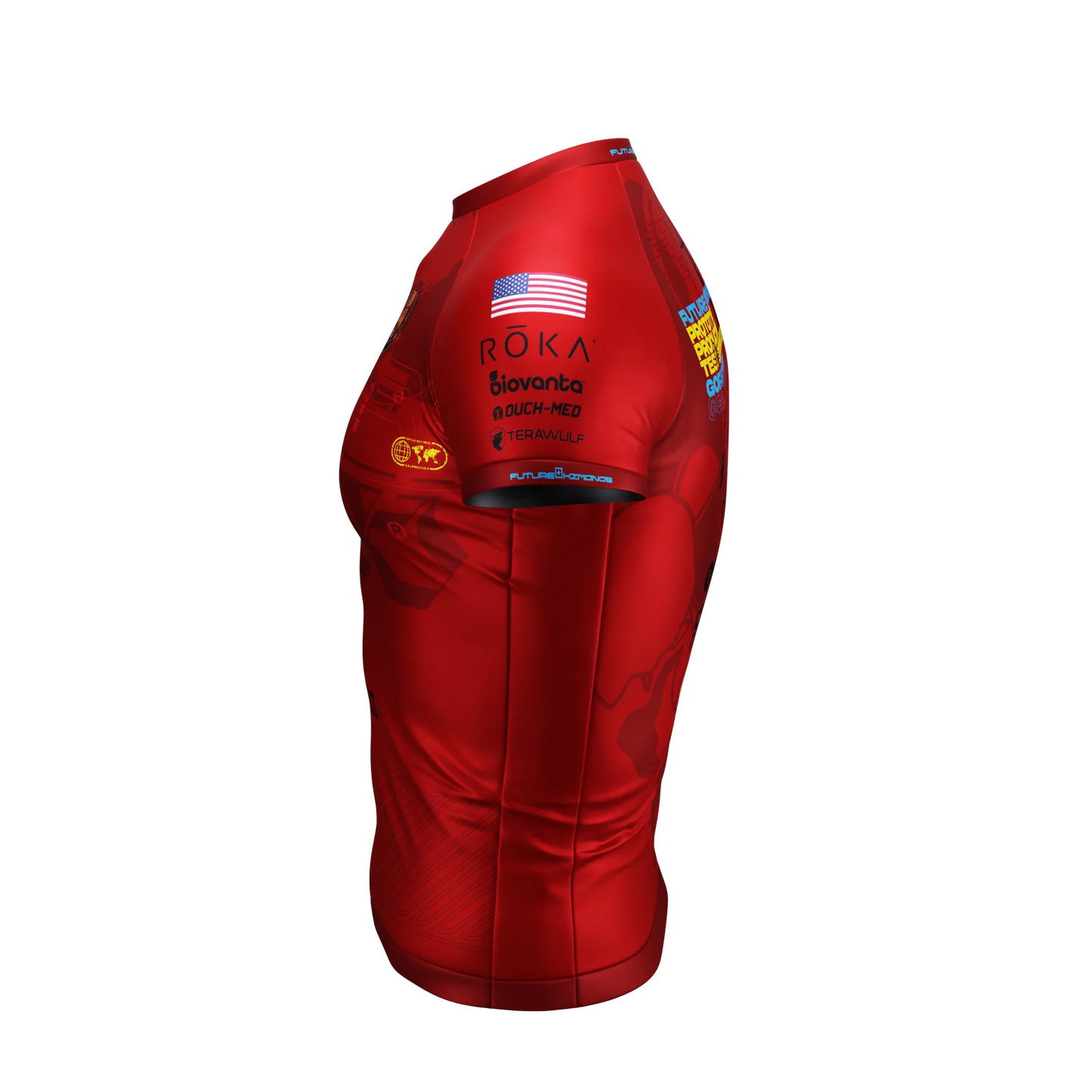 Left side view of Prototype SUPER-RED Short Sleeve Rash Guard by Future Kimonos for elite grappling performance