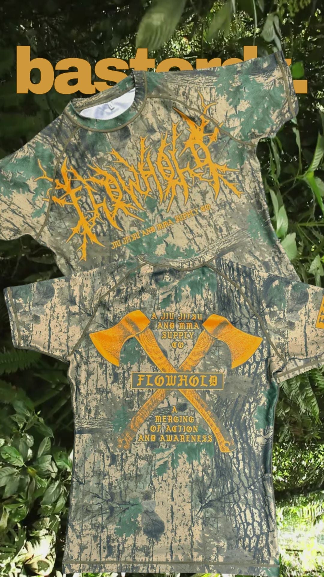Mossy Choke Rashguard front view – forest camo grappling rashguard with yellow accents
