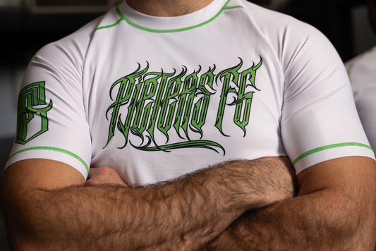 PFG White & Green Short Sleeve Rash Guard by Pieters Fightgear | Grappling and MMA Premium Apparel