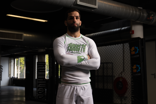 PFG White & Green Long Sleeve Rash Guard by Pieters Fightgear | Grappling and MMA Premium Apparel