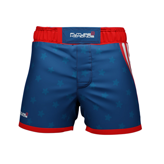 Front view of All American Fight Shorts by Future Kimonos for no-gi BJJ and grappling training