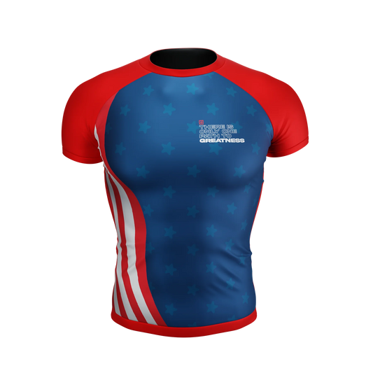 Front view of All American Short Sleeve Rash Guard by Future Kimonos for no-gi BJJ and grappling