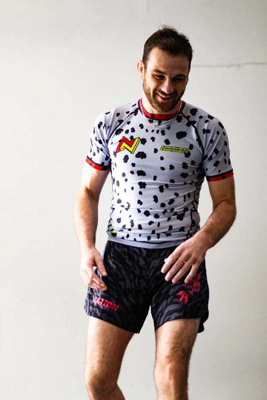 The Snow leopard | Pursuit of Speed Set Short Sleeve BJJ Rash Guards and Shorts | Nation Athletic Jiu Jitsu