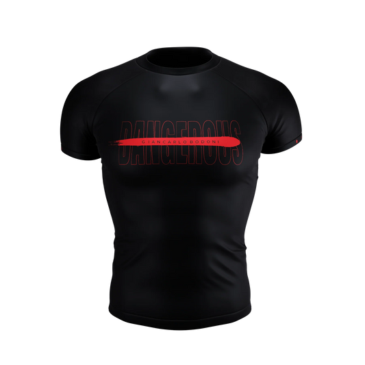 Front view of Dangerous Short Sleeve Rash Guard by Future Kimonos designed for no-gi BJJ and grappling training