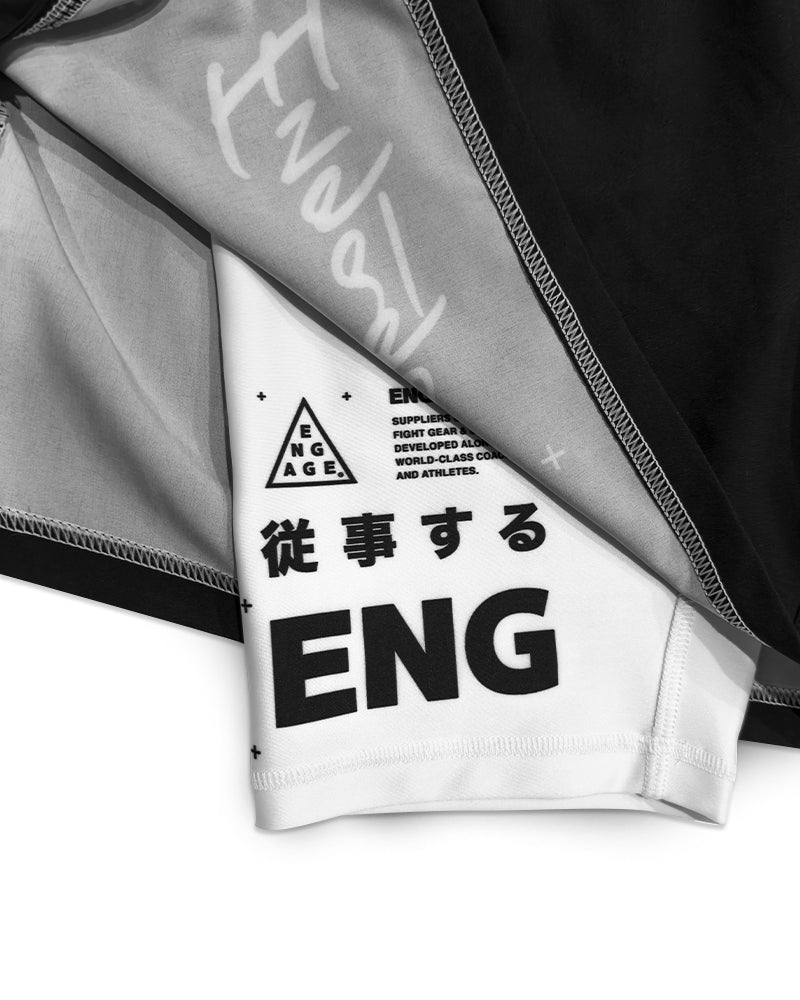 Front view of Engage Billboard 2-in-1 Hybrid Shorts Black with left leg logo detail