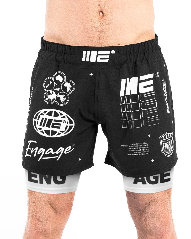 Front view of Engage Billboard 2-in-1 Hybrid Shorts Black on model