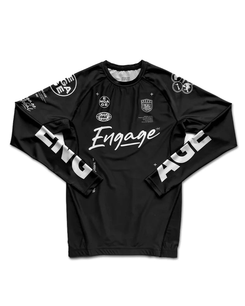 Front view of Engage Billboard Long Sleeve Rash Guard Black