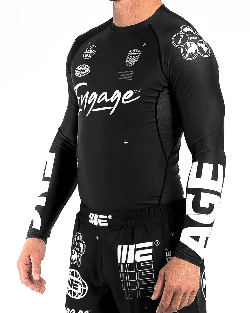 Side front view of Engage Billboard Rash Guard Black on model