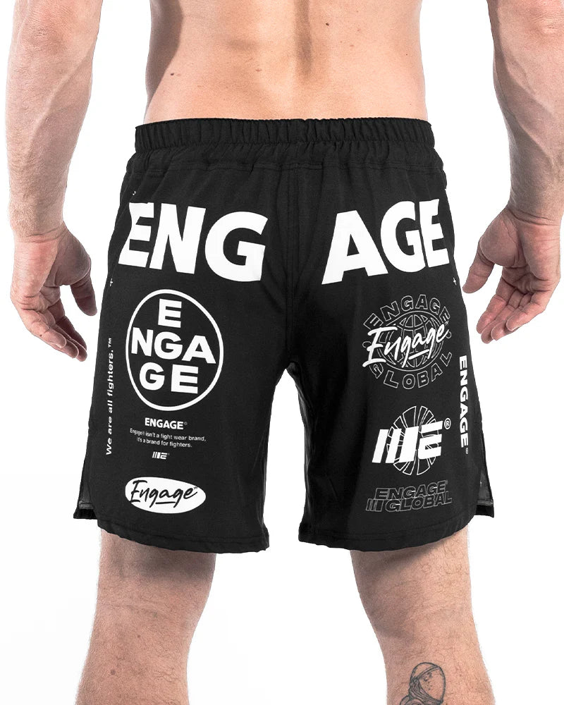 Back view of Engage Billboard MMA Grappling Shorts Black on model