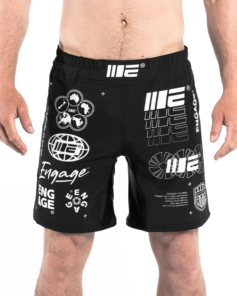 Front view of Engage Billboard MMA Grappling Shorts Black on model