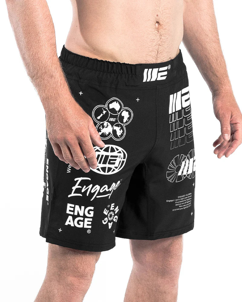 Side front view of Engage Billboard MMA Grappling Shorts Black on model