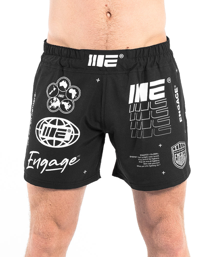 Front view of Engage Billboard MMA Hybrid Shorts Black on model