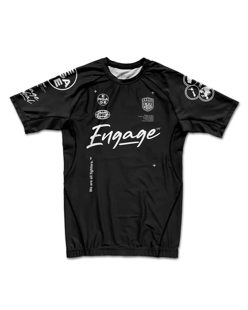Front view of Engage Billboard Short Sleeve Rash Guard Black