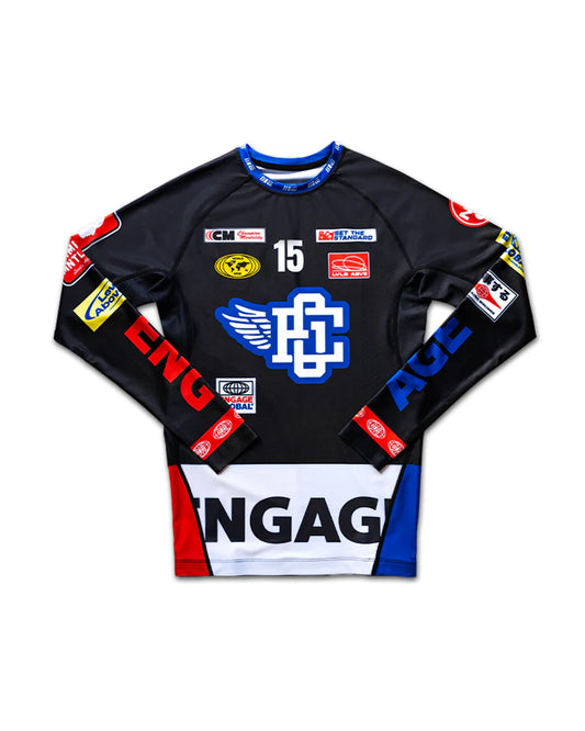 Engage Racer Black Long Sleeve Rash Guard for MMA and no-gi jiu jitsu, product front view
