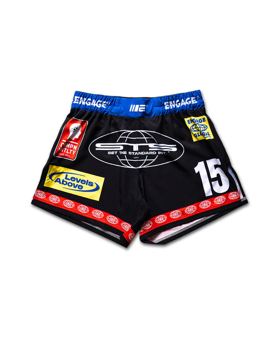 Engage Racer Black MMA Hybrid Shorts front view, lightweight fightwear for MMA and BJJ grappling