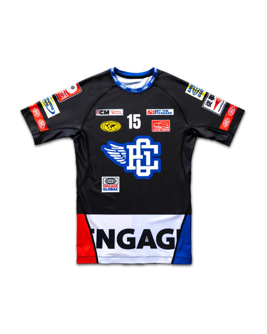 Engage Racer Black Short Sleeve Rash Guard for MMA and no-gi jiu jitsu, product front view