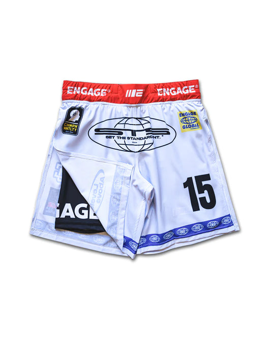 Engage Racer White 2-in-1 Gladiator Shorts front view for MMA and BJJ grappling