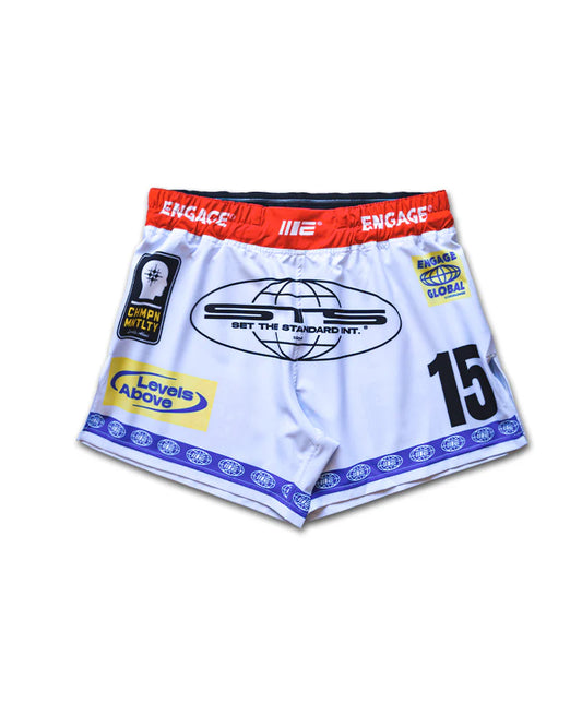 Engage Racer White MMA Hybrid Shorts front view, lightweight fightwear for MMA and BJJ grappling