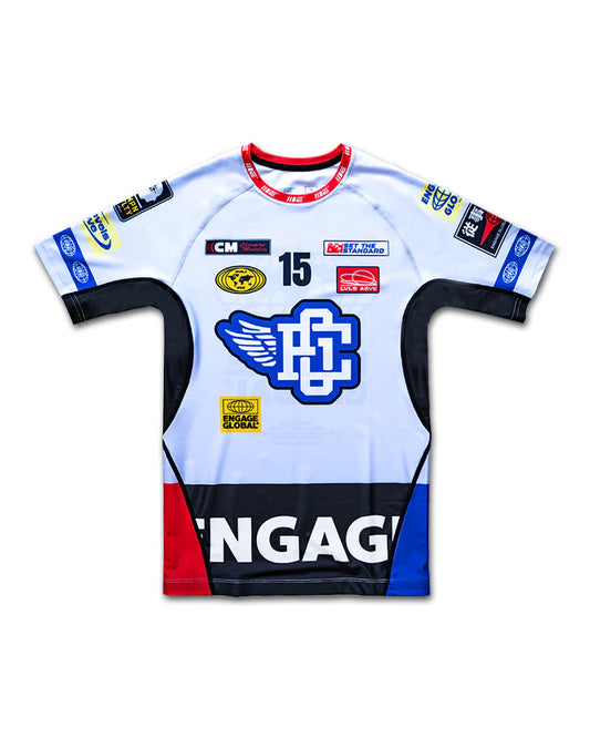 Engage Racer White Short Sleeve Rash Guard for MMA and no-gi jiu jitsu, product front view