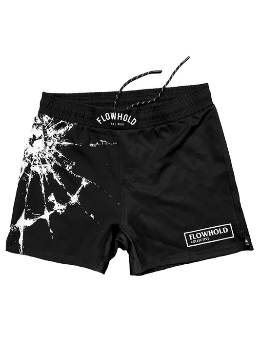 Helio FAFO Fight Shorts front view – black shorts with cracked glass texture and Flowhold collective logo