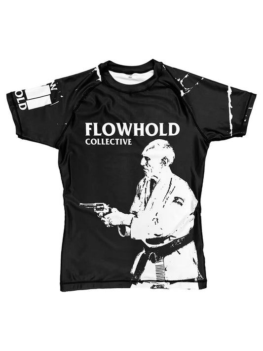  Helio FAFO Rashguard front view – black rashguard with punk-inspired Hélio Gracie graphic by Flowhold