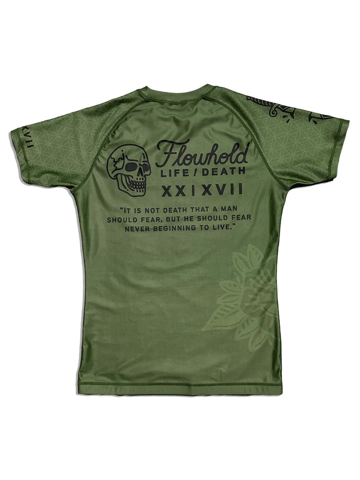 Life/Death Rashguard back view – Marcus Aurelius quote in black text and flowhold logo and skull